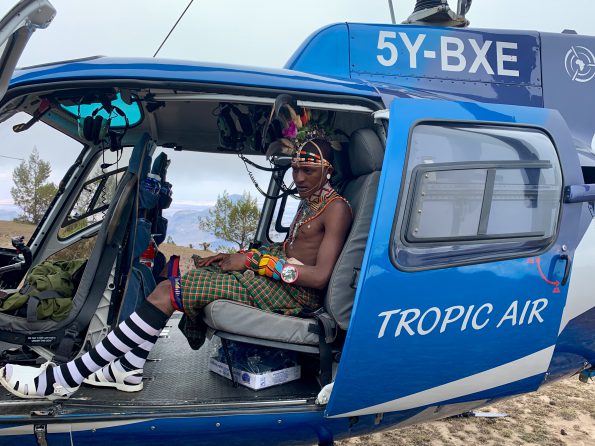 Samburu warrior in the helicopter